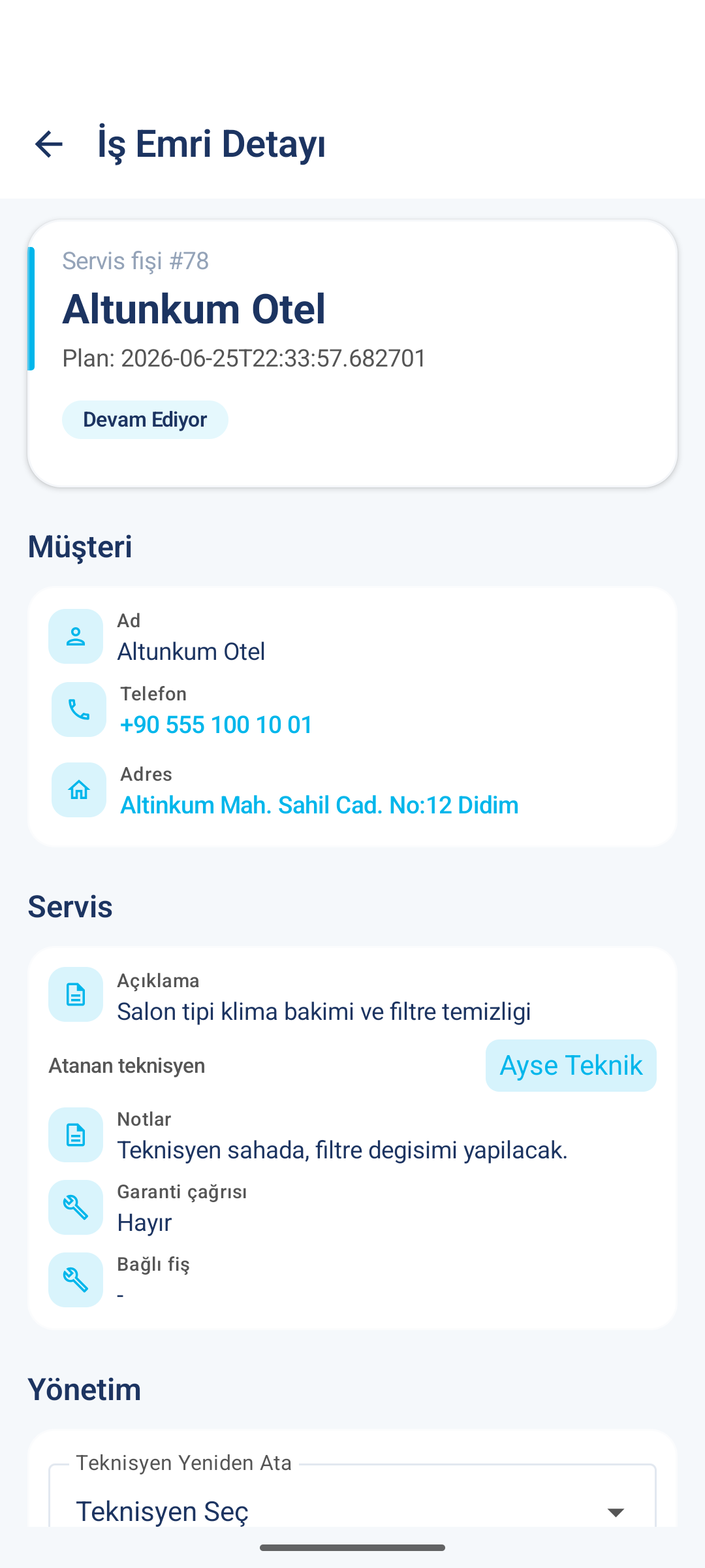 Pusula mobil uygulamasında örnek iş emri detay ekranı